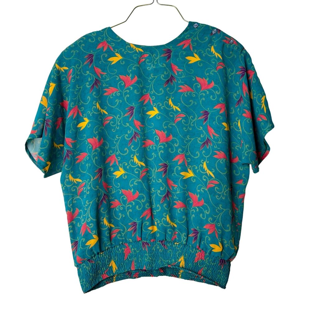 Shapely VINTAGE teal colorful floral scroll design short sleeve‎ Size 12